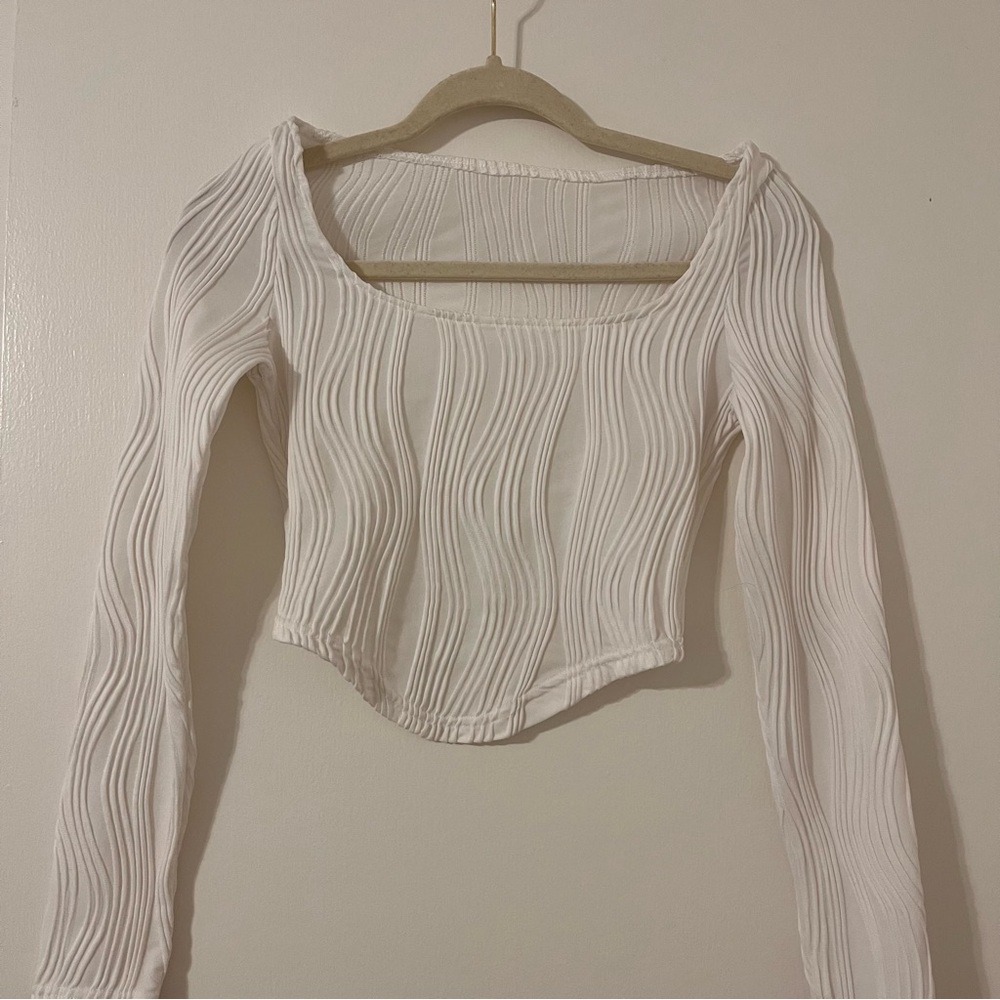 White Asymmetrical Ribbed Long Sleeve Blouse